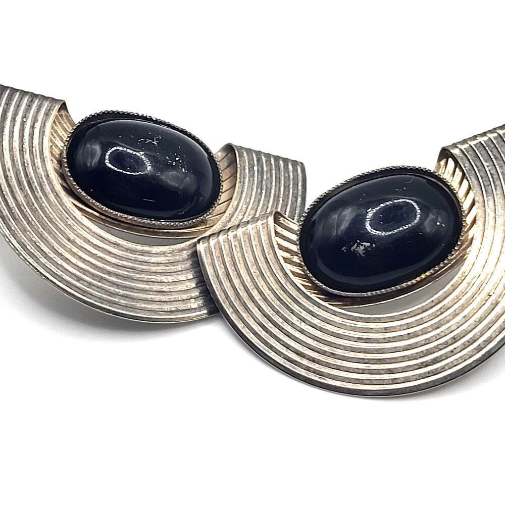 Vintage 80s Silver Art Deco Revival Black Cabochon 2in